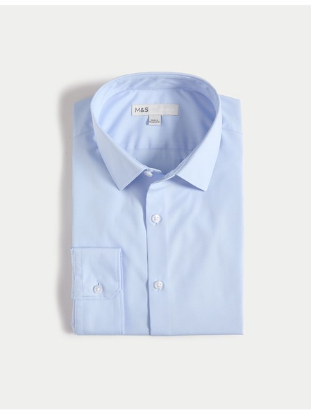 Marks & Spencer Риза с тесен силует от памучна смес с незабавна обработка Marks & Spencer синя