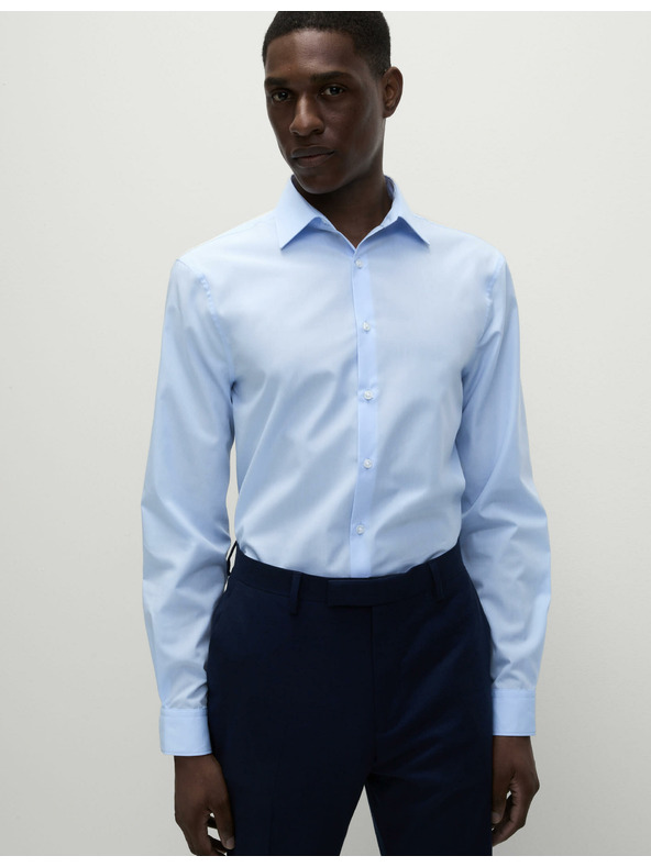 Marks & Spencer Риза с тесен силует от памучна смес с незабавна обработка Marks & Spencer синя