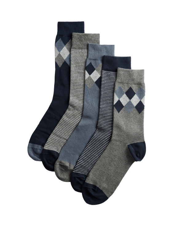 Marks & Spencer 5 чифта чорапи Argyle Cool & Fresh™ с висок дял памук Marks & Spencer синя