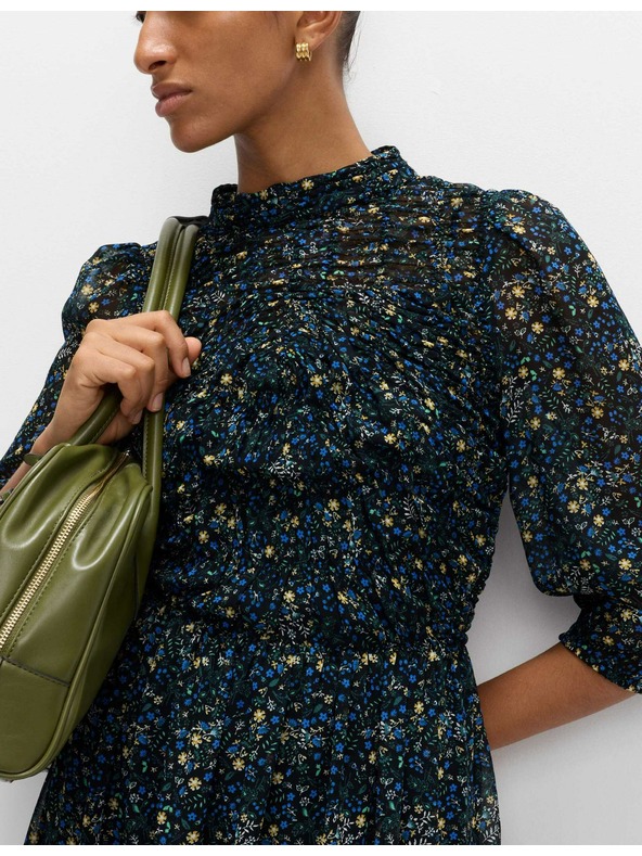 Marks & Spencer Флорална набрана миди рокля с акцентиран талия и набори Marks & Spencer черен