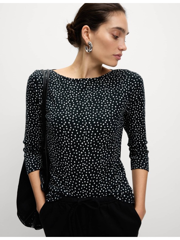 Marks & Spencer Топ от чист памук с лодкообразно деколте и принт, прилепнала кройка Marks & Spencer черен