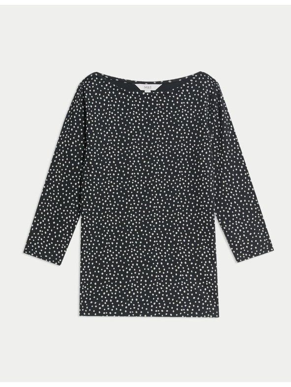 Marks & Spencer Топ от чист памук с лодкообразно деколте и принт, прилепнала кройка Marks & Spencer черен