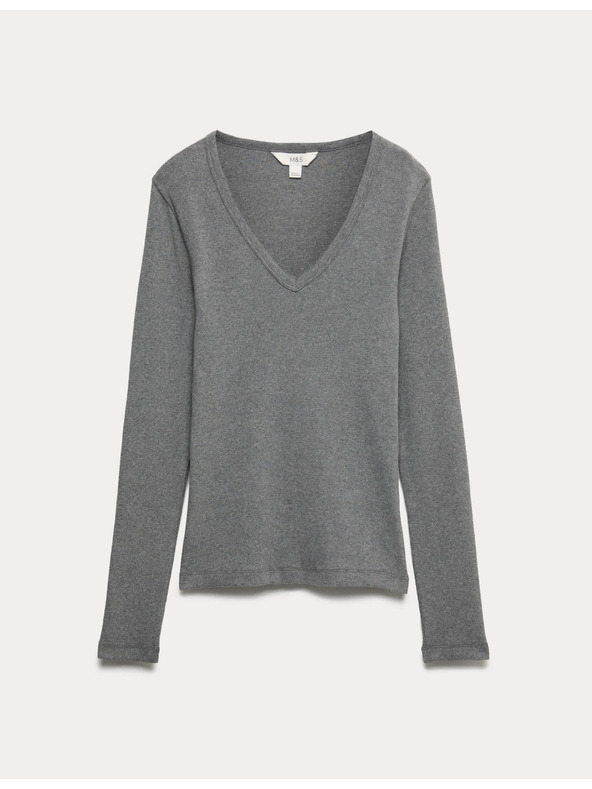 Marks & Spencer Ребрест топ с V-образно деколте и висок дял памук Marks & Spencer сив