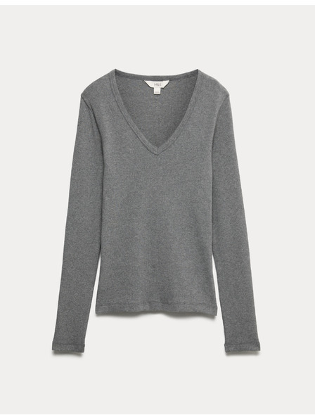 Marks & Spencer Ребрест топ с V-образно деколте и висок дял памук Marks & Spencer сив