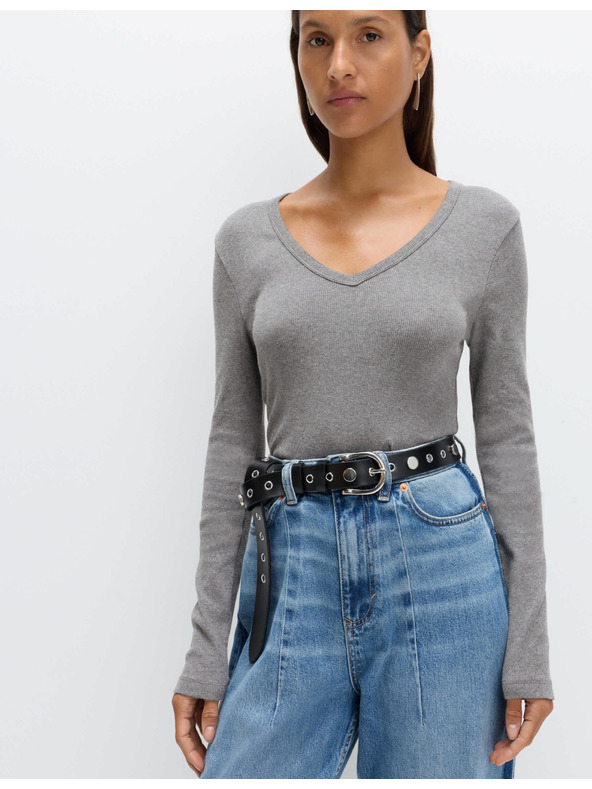 Marks & Spencer Ребрест топ с V-образно деколте и висок дял памук Marks & Spencer сив