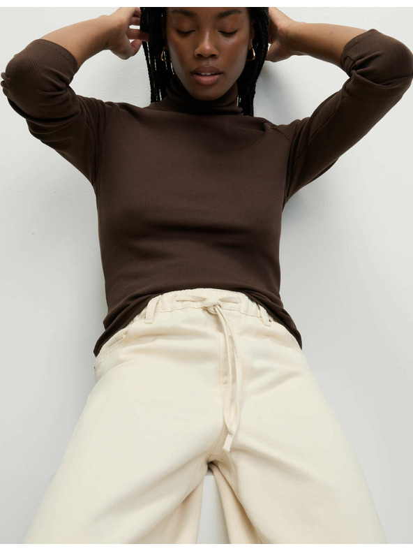 Marks & Spencer Ребрест топ с висока яка и висок дял памук Marks & Spencer кафяв