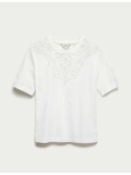 Marks & Spencer Декорирана тениска Lucky от чист памук Marks & Spencer бяло