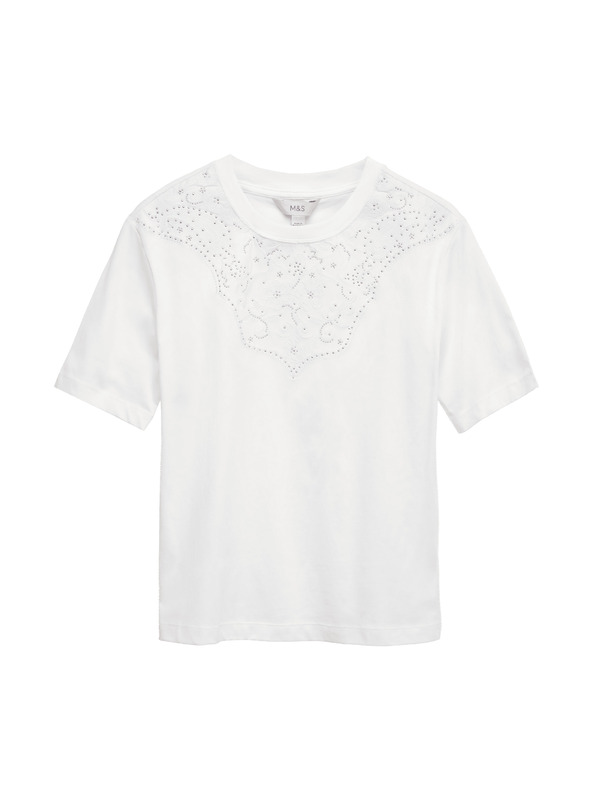 Marks & Spencer Декорирана тениска Lucky от чист памук Marks & Spencer бяло