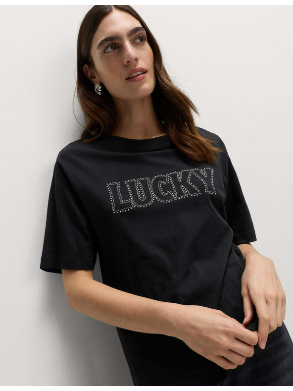 Marks & Spencer Декорирана тениска Lucky от чист памук Marks & Spencer черно