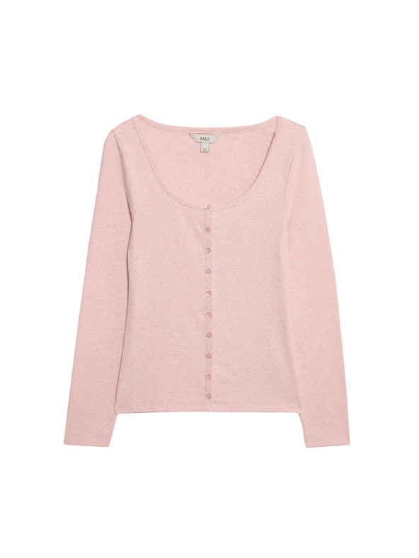 Marks & Spencer Топ с овален деколте, с разкопчаване и висок дял памук Marks & Spencer розово
