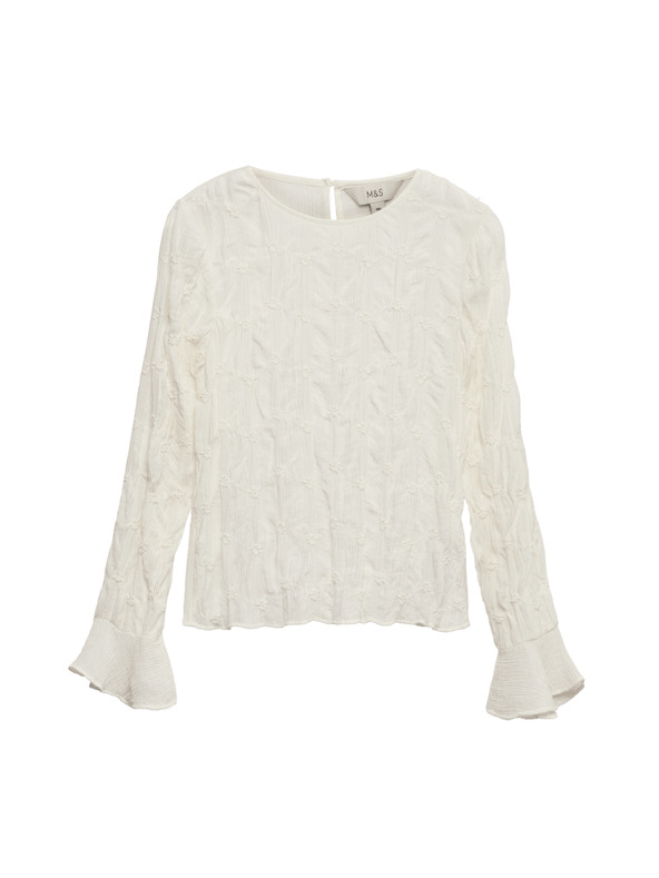 Marks & Spencer Дантелена текстурирана блуза с кръгло деколте Marks & Spencer екрю