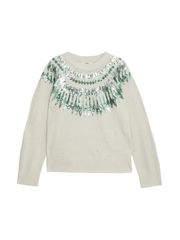 Marks & Spencer Свободен коледен суитшърт с десен Fair Isle и пайети Marks & Spencer зелен
