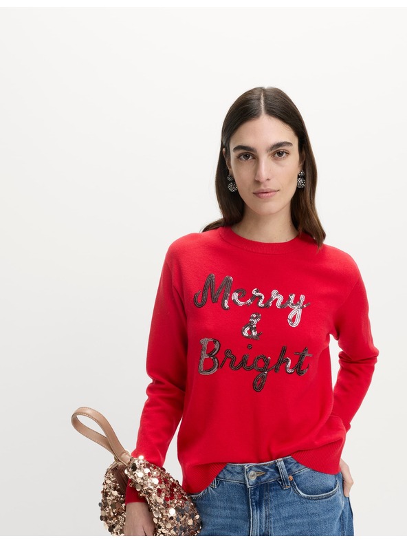 Marks & Spencer Суитшърт от лека прежда с яка и декоративен надпис с пайети Marks & Spencer червен