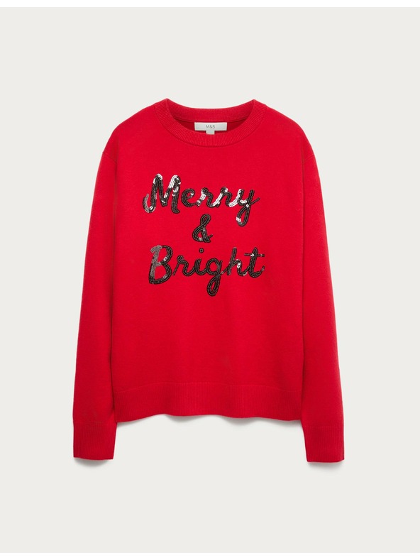 Marks & Spencer Суитшърт от лека прежда с яка и декоративен надпис с пайети Marks & Spencer червен