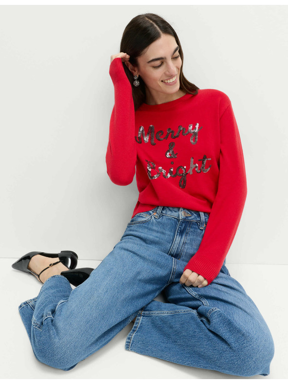 Marks & Spencer Суитшърт от лека прежда с яка и декоративен надпис с пайети Marks & Spencer червен