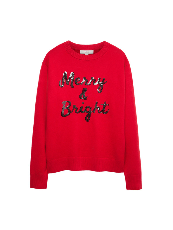 Marks & Spencer Суитшърт от лека прежда с яка и декоративен надпис с пайети Marks & Spencer червен