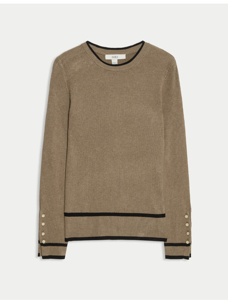 Marks & Spencer Ребрест пуловер с деколте и контрастни детайли Marks & Spencer кафяв