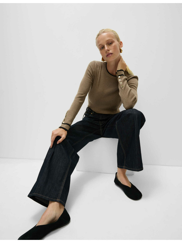 Marks & Spencer Ребрест пуловер с деколте и контрастни детайли Marks & Spencer кафяв