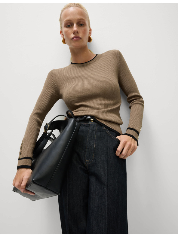 Marks & Spencer Ребрест пуловер с деколте и контрастни детайли Marks & Spencer кафяв