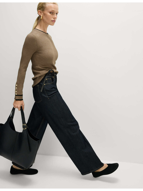 Marks & Spencer Ребрест пуловер с деколте и контрастни детайли Marks & Spencer кафяв