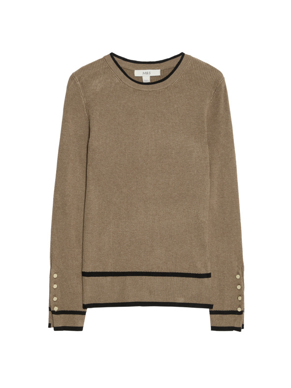 Marks & Spencer Ребрест пуловер с деколте и контрастни детайли Marks & Spencer кафяв