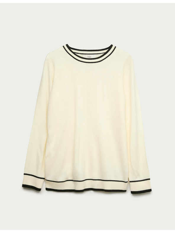 Marks & Spencer Изключително мек пуловер с деколте и контрастни ръбове Marks & Spencer кремав