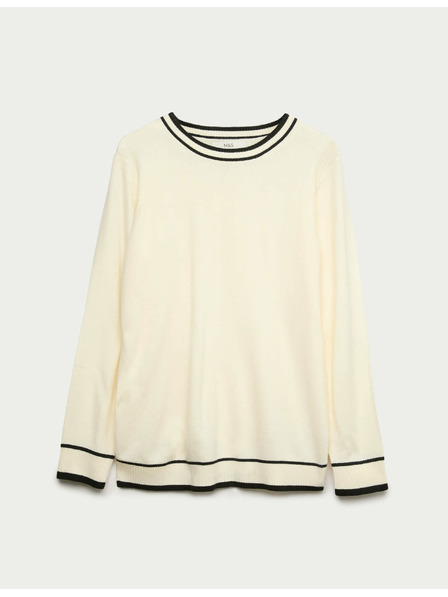 Marks & Spencer Изключително мек пуловер с деколте и контрастни ръбове Marks & Spencer кремав