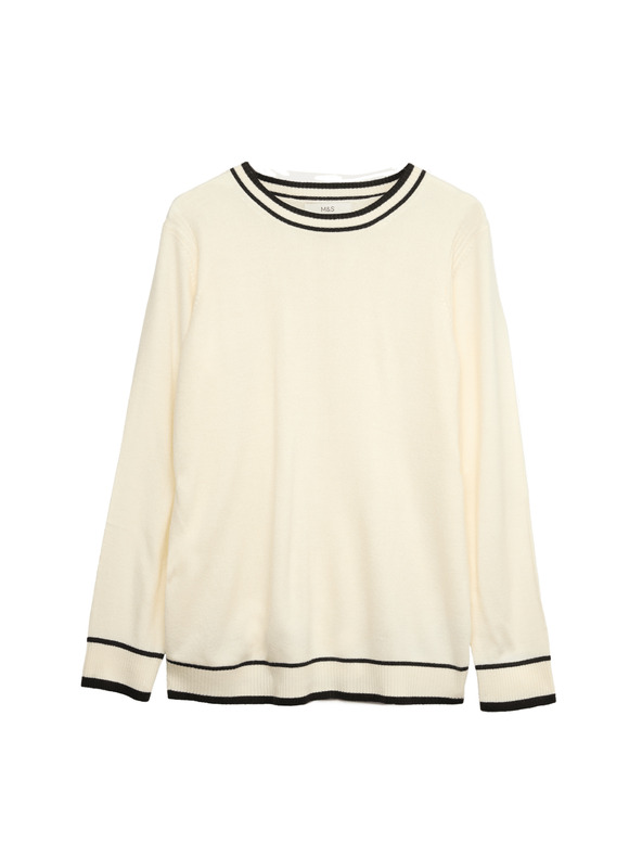 Marks & Spencer Изключително мек пуловер с деколте и контрастни ръбове Marks & Spencer кремав