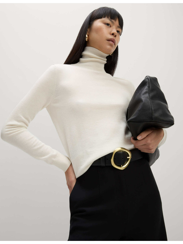 Marks & Spencer Пуловер с висока яка от 100% мериносова вълна Marks & Spencer кремав