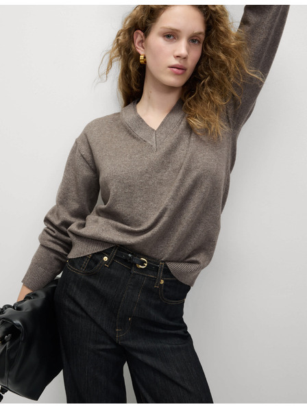 Marks & Spencer Пуловер с V-образно деколте от пухкава прежда Marks & Spencer кафяв