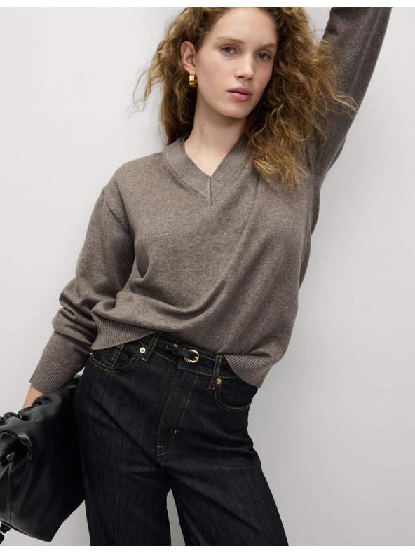 Marks & Spencer Пуловер с V-образно деколте от пухкава прежда Marks & Spencer кафяв