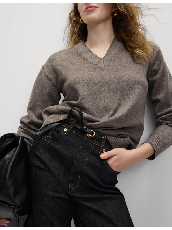 Marks & Spencer Пуловер с V-образно деколте от пухкава прежда Marks & Spencer кафяв