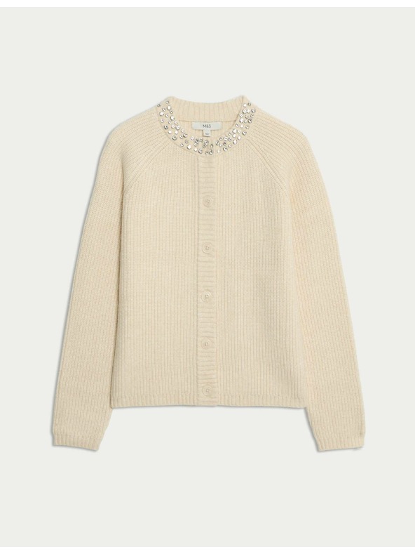 Marks & Spencer Текстуриран декориран кардиган с копчета отпред Marks & Spencer кремав