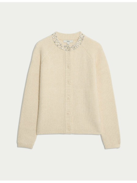 Marks & Spencer Текстуриран декориран кардиган с копчета отпред Marks & Spencer кремав