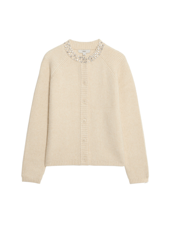 Marks & Spencer Текстуриран декориран кардиган с копчета отпред Marks & Spencer кремав