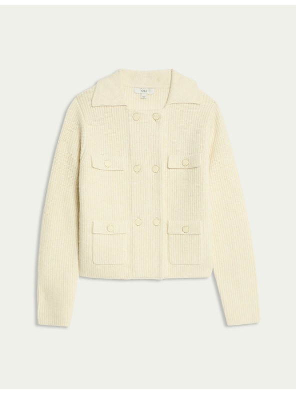 Marks & Spencer Плетена жилетка с мъхнати нишки и декоративни джобове Marks & Spencer сметанова