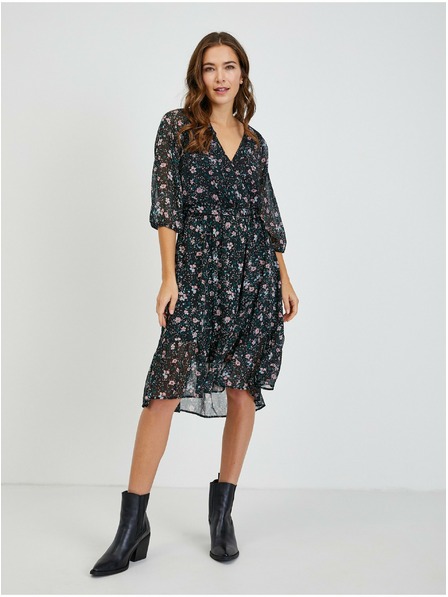 Orsay Черна дамска рокля на цветя с връзки ORSAY