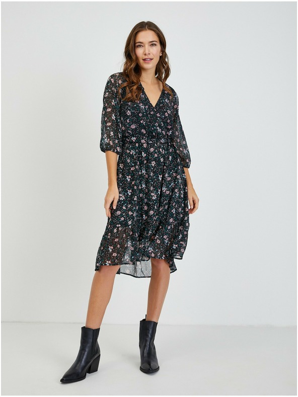 Orsay Черна дамска рокля на цветя с връзки ORSAY