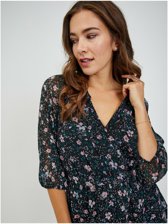 Orsay Черна дамска рокля на цветя с връзки ORSAY