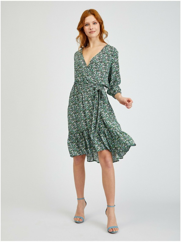 Orsay Зелена дамска рокля с връзки и десен ORSAY