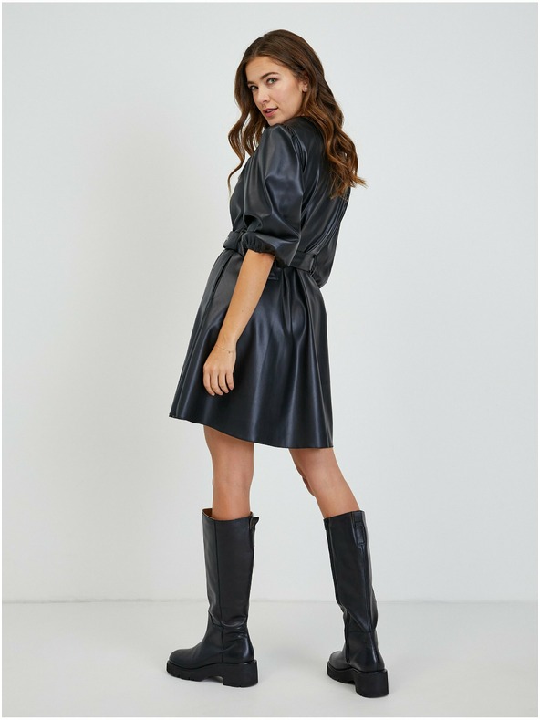 Orsay Черна дамска рокля от изкуствена кожа с колан ORSAY