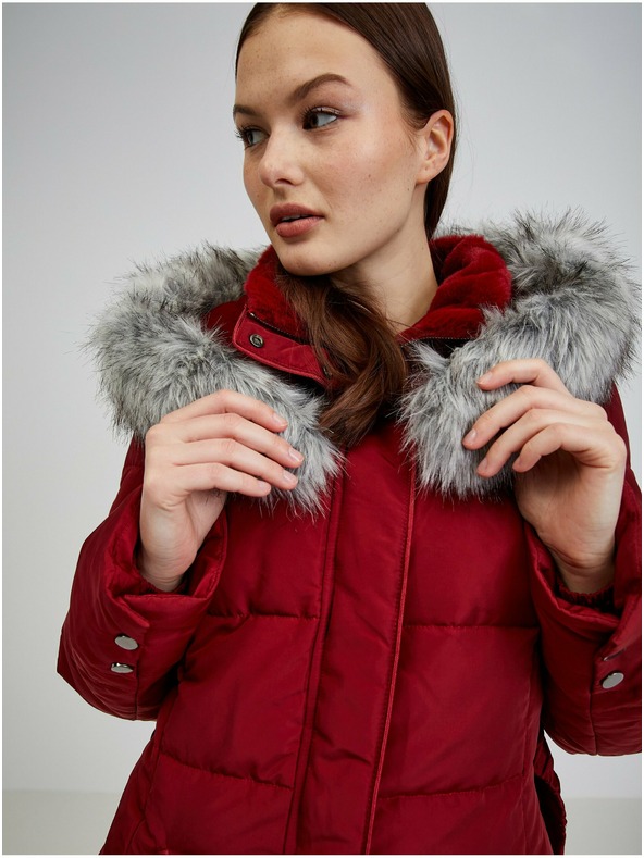 Orsay Винено дамско пухено зимно палто с качулка и изкуствен косъм ORSAY