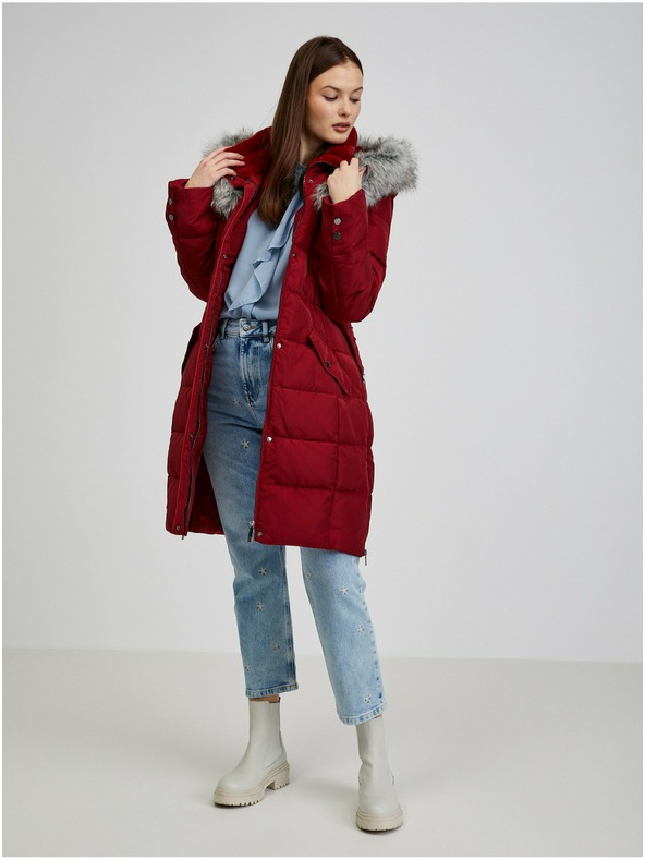 Orsay Винено дамско пухено зимно палто с качулка и изкуствен косъм ORSAY