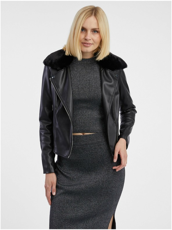 Orsay Черно дамско яке от изкуствена кожа с изкуствен косъм ORSAY