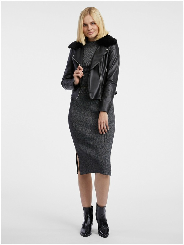 Orsay Черно дамско яке от изкуствена кожа с изкуствен косъм ORSAY