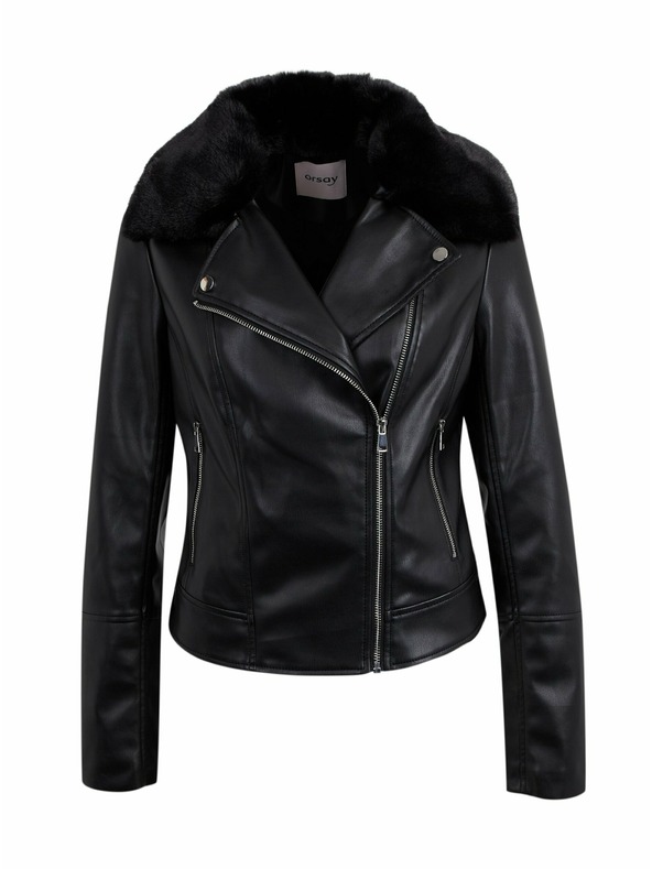 Orsay Черно дамско яке от изкуствена кожа с изкуствен косъм ORSAY