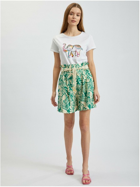 Orsay Кремаво-зелени дамски къси панталони с десен и примес на лен ORSAY