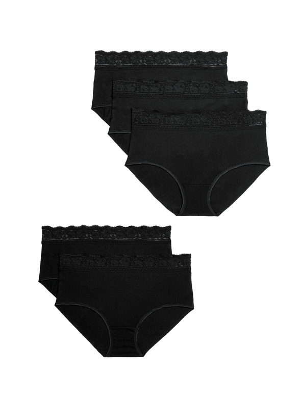 Marks & Spencer Високо изрязани бикини от памук и ликра, 5 опаковки Marks & Spencer черни