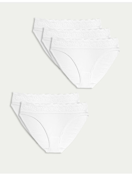 Marks & Spencer Памучни дантелени бикини с ликра, 5 пакета Marks & Spencer бяло