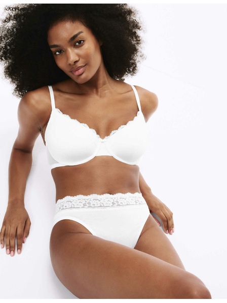 Marks & Spencer Памучни дантелени бикини с ликра, 5 пакета Marks & Spencer бяло